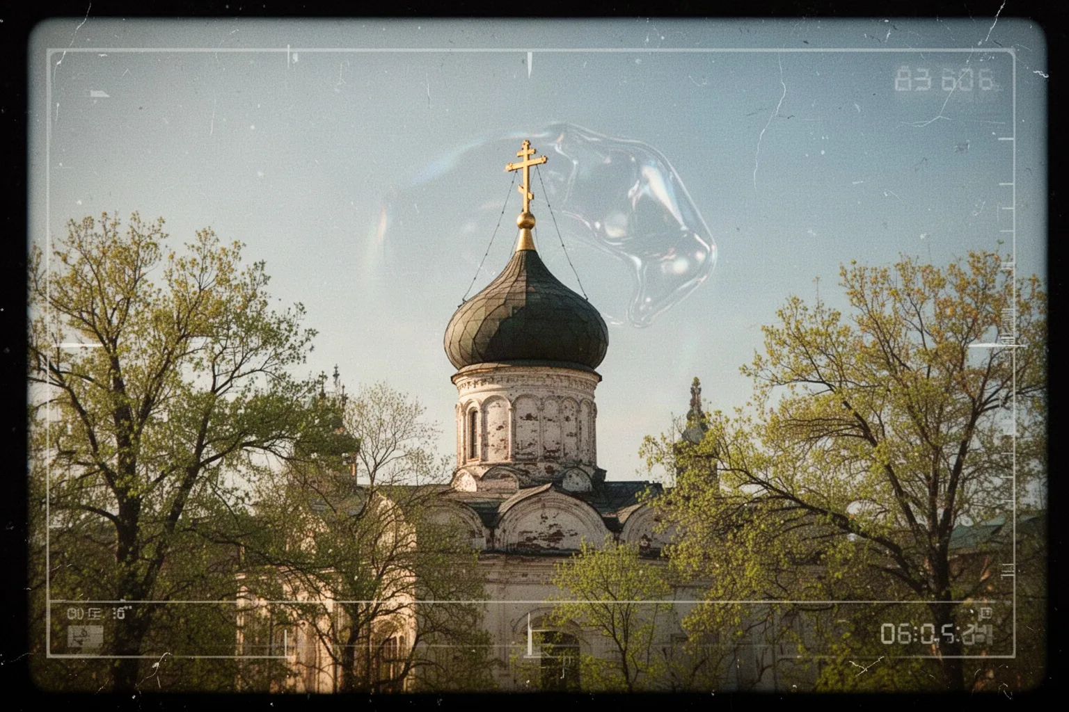 Церковь Вознесения в Коломенском на фоне неба с едва заметным светлым объектом в форме диска