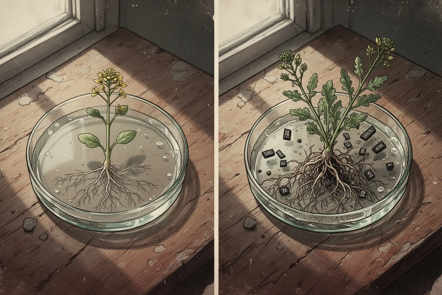Цветущее растение Arabidopsis thaliana на лабораторном столе рядом с пробирками и схемой ДНК.