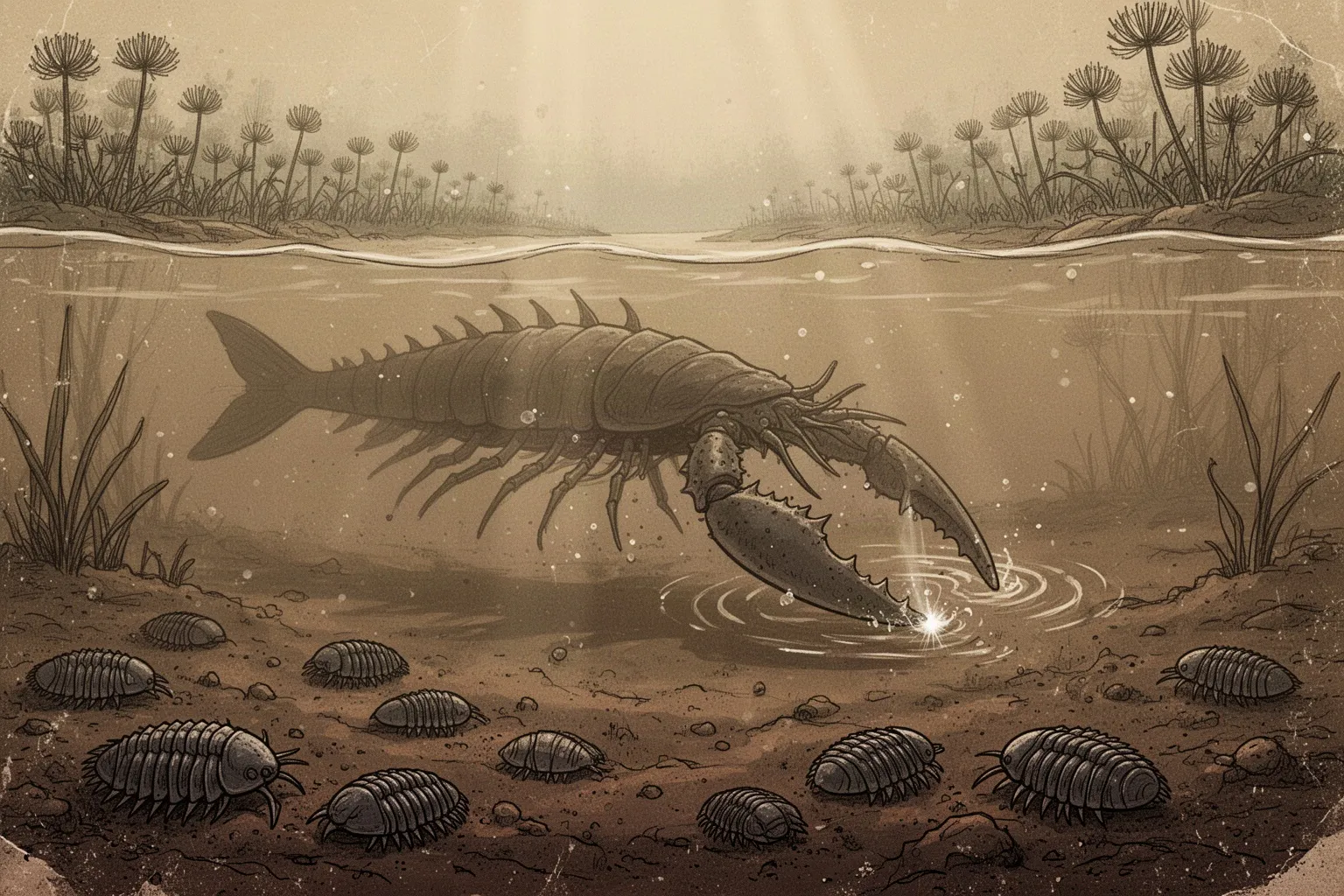 Художественная реконструкция гигантского морского скорпиона Jaekelopterus с массивными клешнями на фоне мутной воды древнего океана.