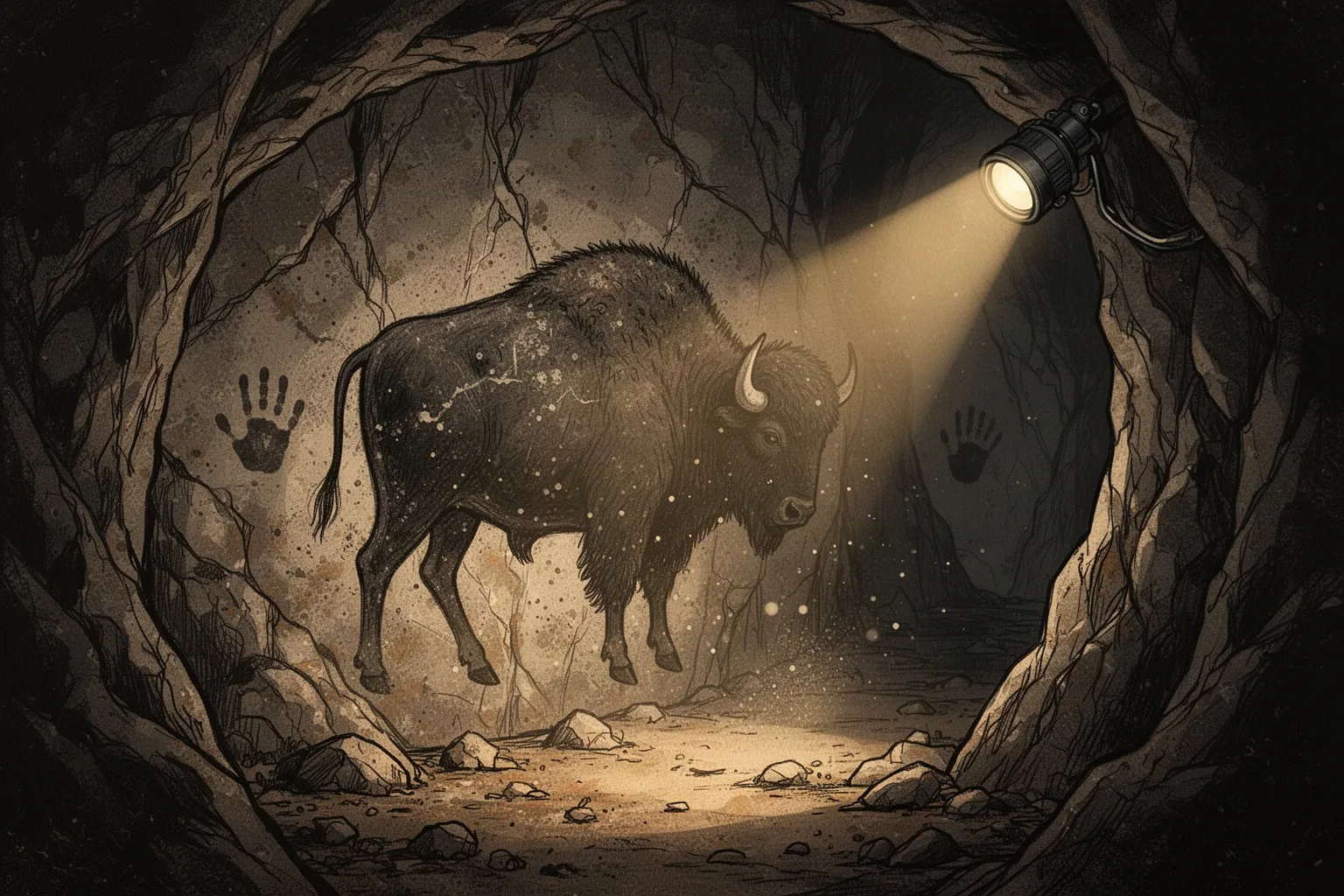 Древний наскальный рисунок бизона на каменной стене пещеры с тёмными угольными линиями.