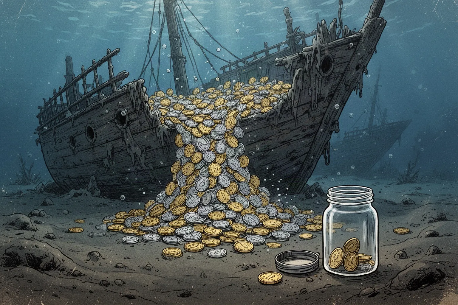 Золотые монеты и массивные слитки рассыпаны на морском дне среди обломков старинного корабля.