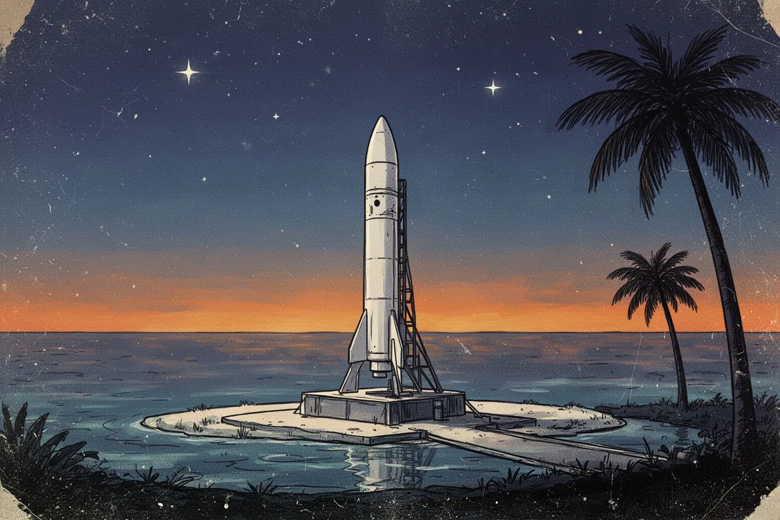 Стройная белая ракета Falcon 1 стартует с островного атолла в океане на фоне закатного неба.
