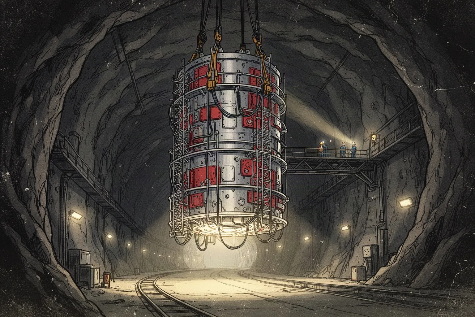 Массивная стальная секция детектора CMS медленно опускается в подземный зал ЦЕРНа на фоне инженерных конструкций.