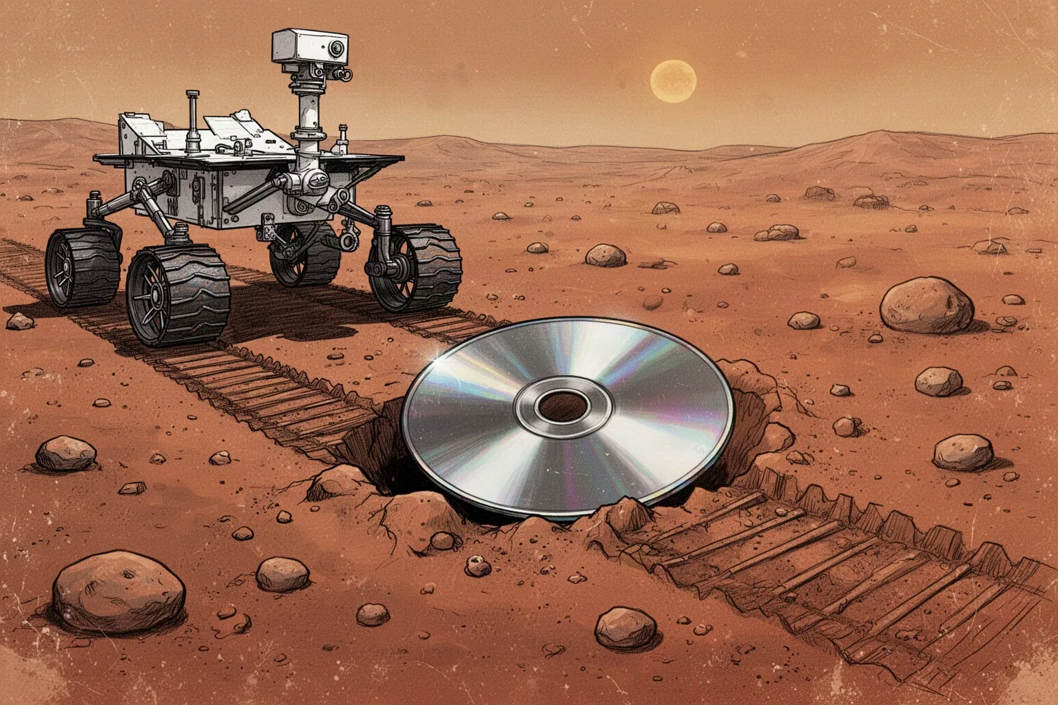 Марсоход Opportunity стоит колесом на блестящем круглом объекте с отверстием в центре посреди марсианского грунта.