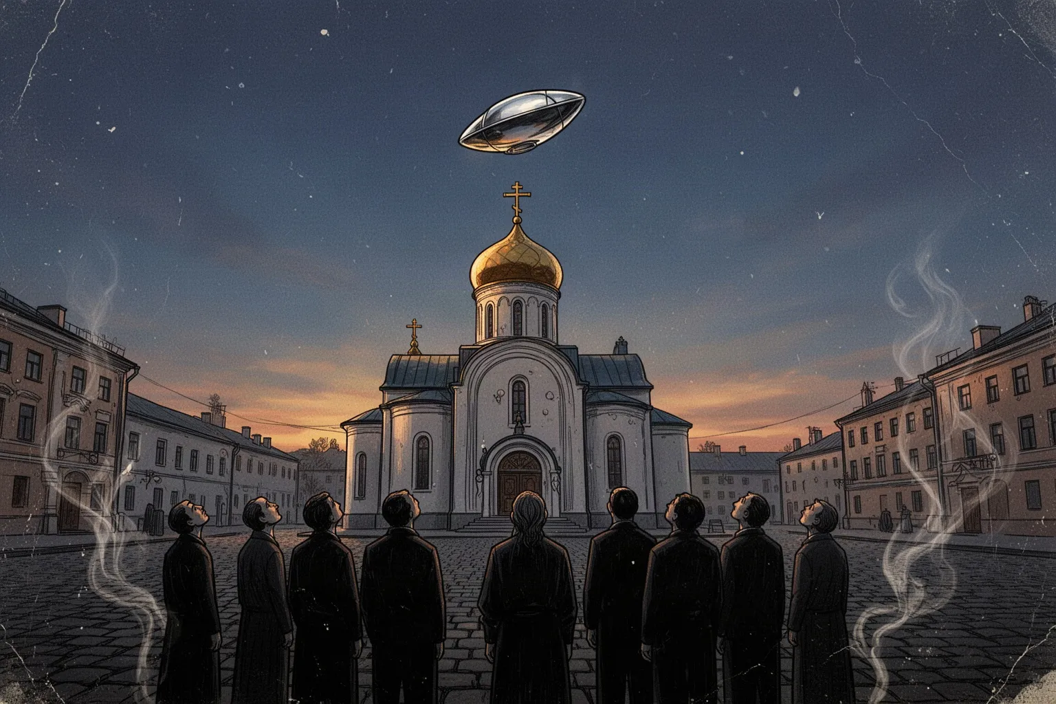 Серебристый диск неподвижно висит над золотым куполом православного храма на фоне ясного неба.