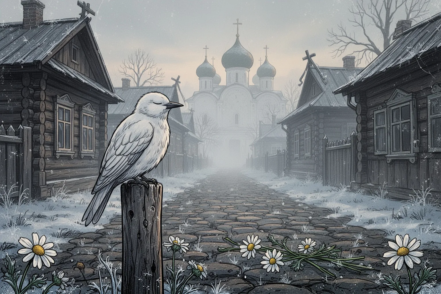 Очередь из людей с цветами тянется к стенам Покровского монастыря в пасмурный день.