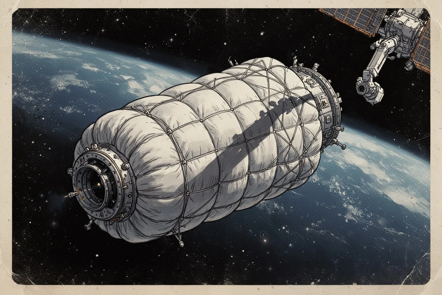 Надувной модуль BEAM в развернутом виде, пристыкованный к Международной космической станции на орбите Земли.